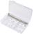 A transparent plastic container holds various white electrical connectors and metal elements, neatly arranged.
