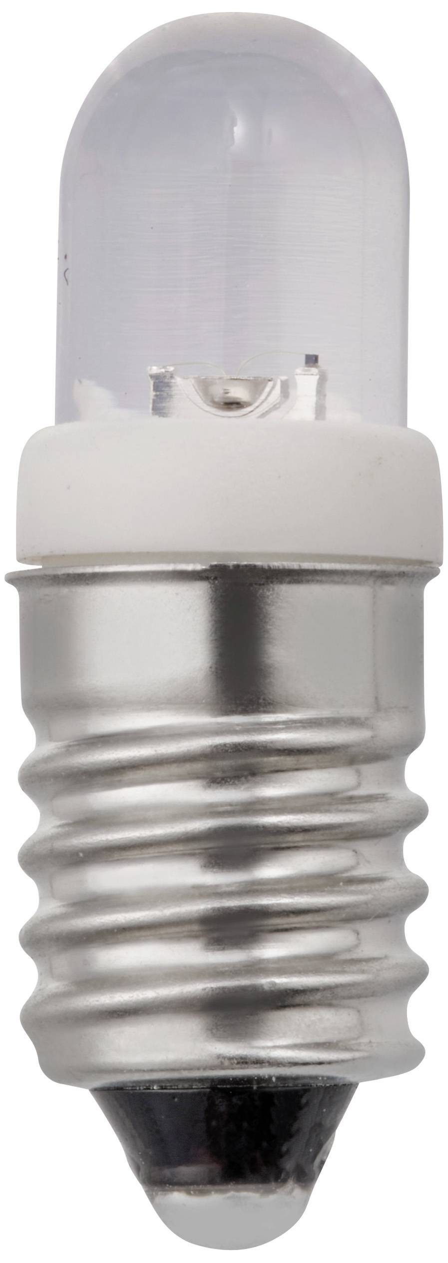 A small LED light bulb with a silver screw base and a transparent plastic cover for use in electrical devices.