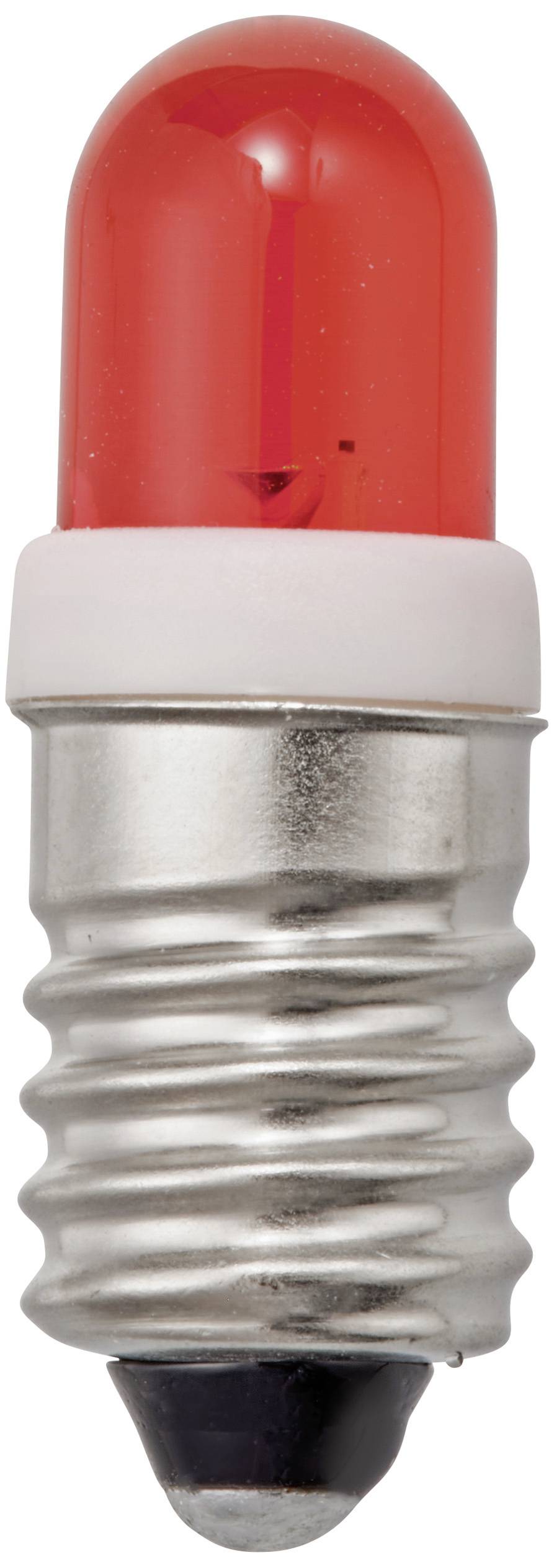 Small light bulb with a red, translucent casing and a metal, screw-shaped fitting.