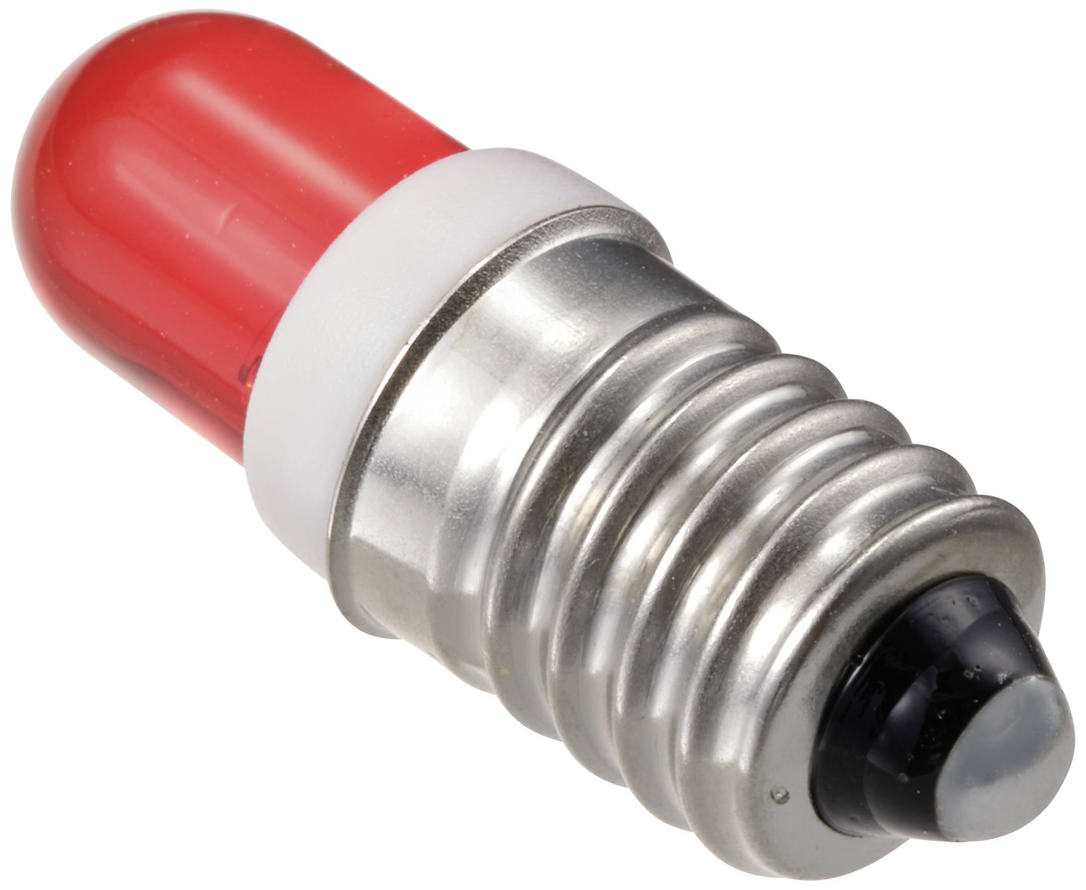 LED light bulb with red tip and silver screw base.