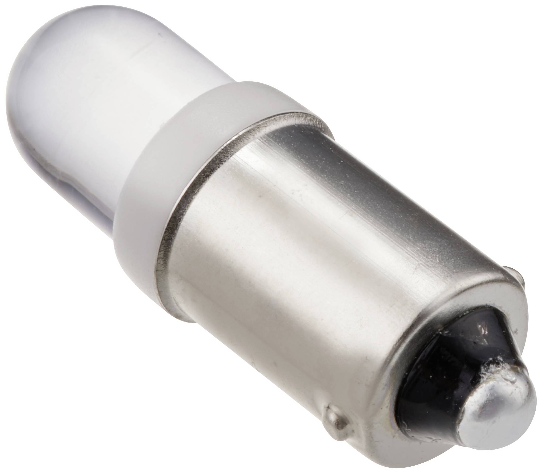 A silver LED pen in close-up, cylindrical, with a black tip and transparent plastic cover.