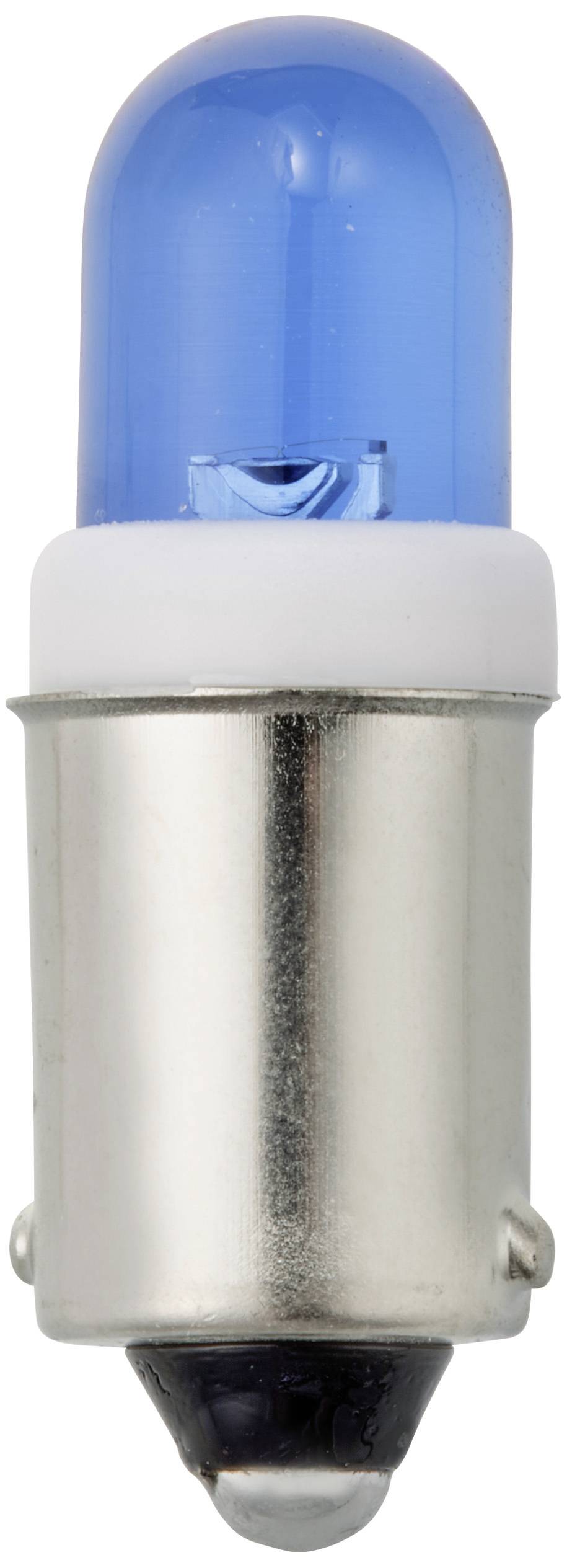 A blue light bulb with a metallic base, standing upright, shows a shiny, smooth blue glass bulb.