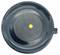 Top view of a black round electric appliance with a central yellow label and a power cord, isolated on a white background.