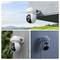 Three images of a white security camera mounted on different surfaces. Top shows a scenic background, left shows water droplets, right is on a wall.