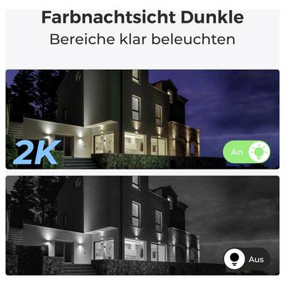 The image shows a building at night with a color night vision mode comparison. The top part is in color with '2K' and 'On', the bottom is grayscale with 'Off'.