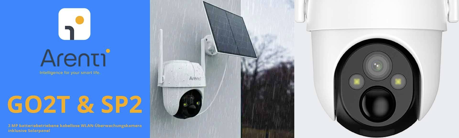 'Arenti GO2T & SP2 Surveillance Camera' shows device outdoors in rain with solar panel. Logo on the left, camera in close-up on the right.