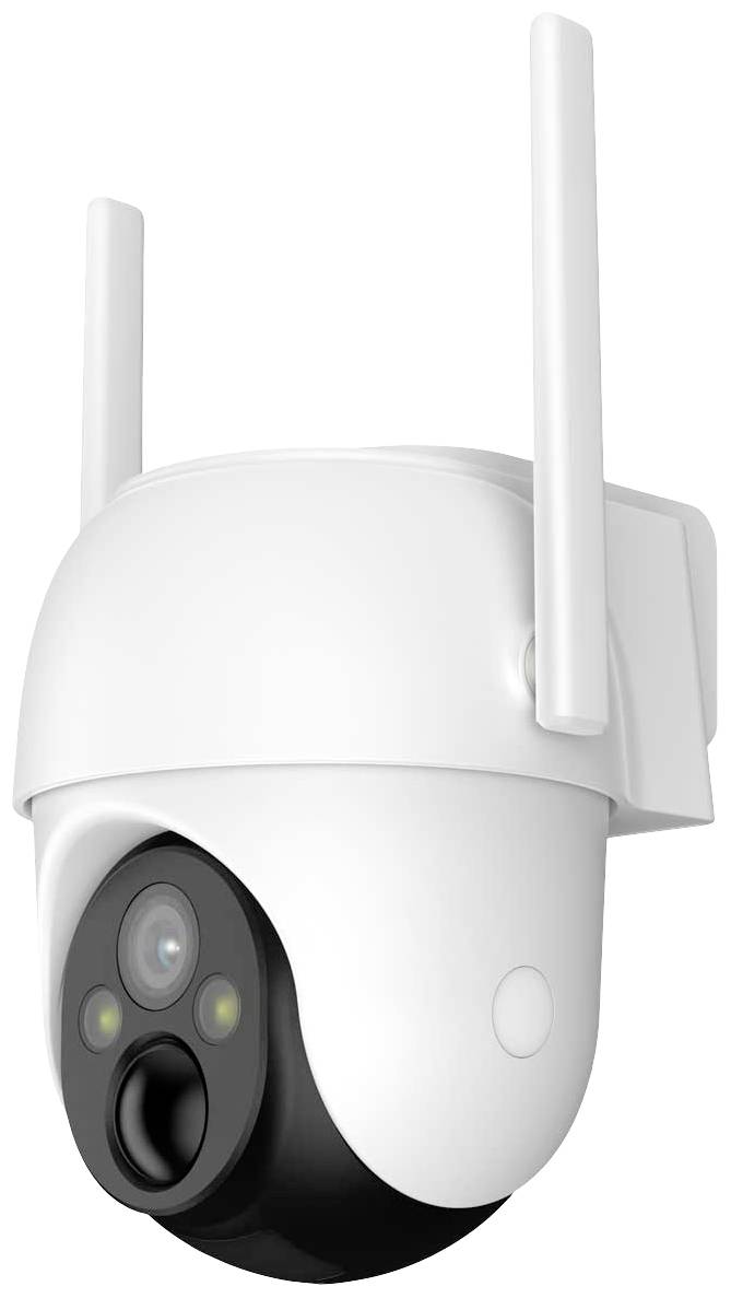 White surveillance camera with 360-degree rotation, two antennae on top for Wi-Fi reception, suitable for outdoor monitoring and security.
