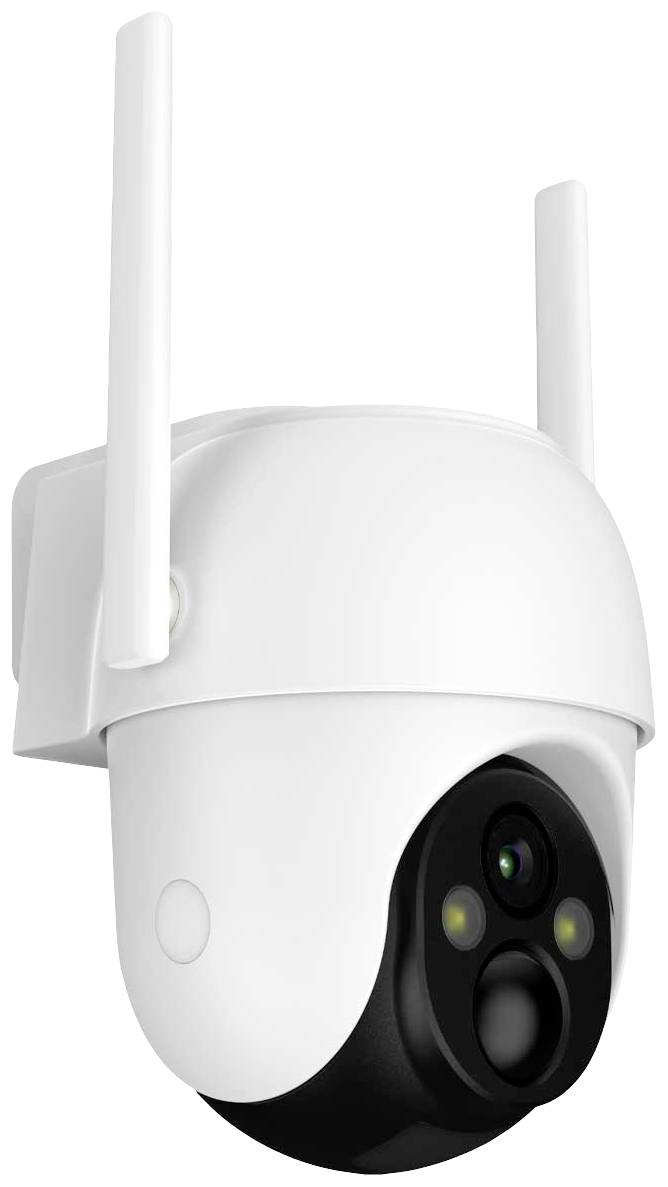 A white security camera with two aerials, suitable for monitoring indoor or outdoor areas.