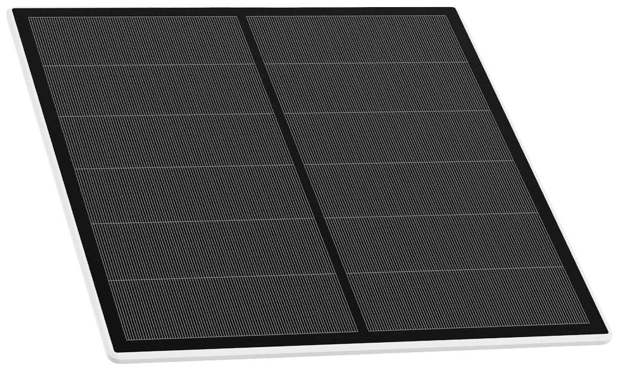 A single solar panel with a rectangular shape, black surface and fine lines structuring the solar cells, against a white background.
