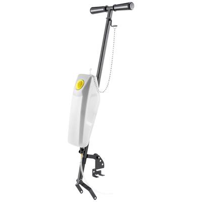 A manual garden sprayer with a pole and a handle at the top, a white container in the middle, and a spray mechanism at the bottom.