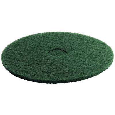 Green scouring pad, round, used for floor cleaning and polishing. Shows structure and form, suitable for industrial machinery.