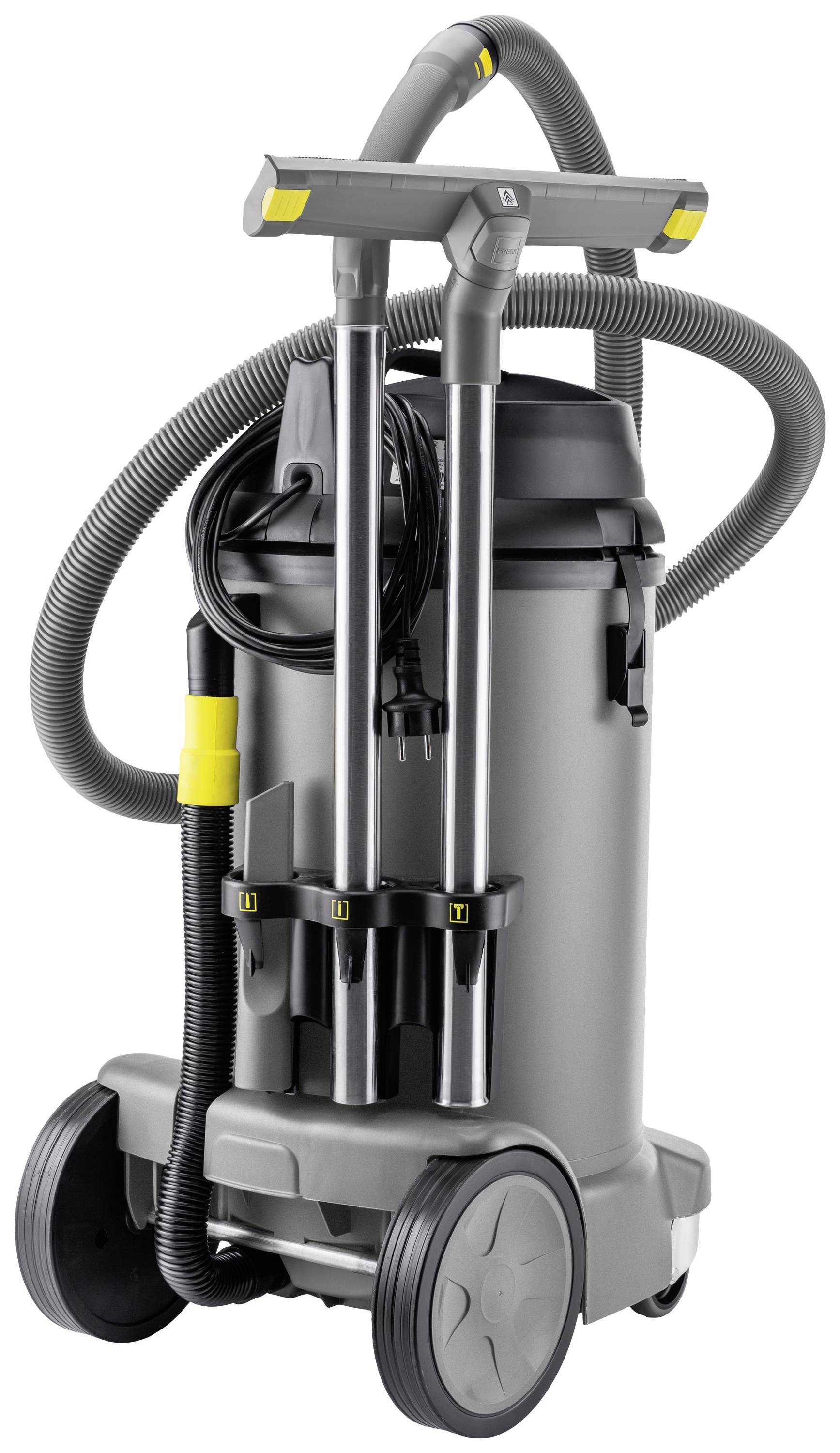 Industrial vacuum cleaner in grey with large wheels and multiple metal tubes, suitable for intensive cleaning work.