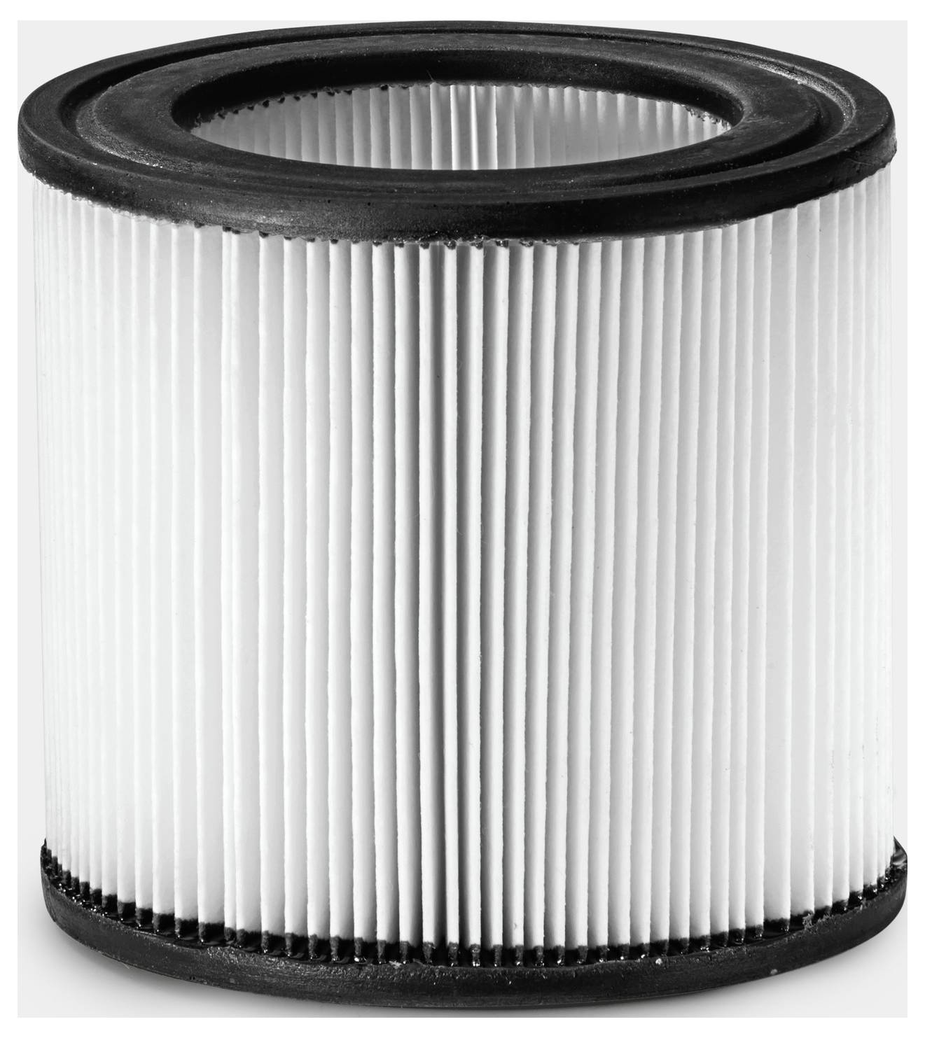 A cylindrical air filter with pleated white paper and black rubber edges is displayed against a plain background.