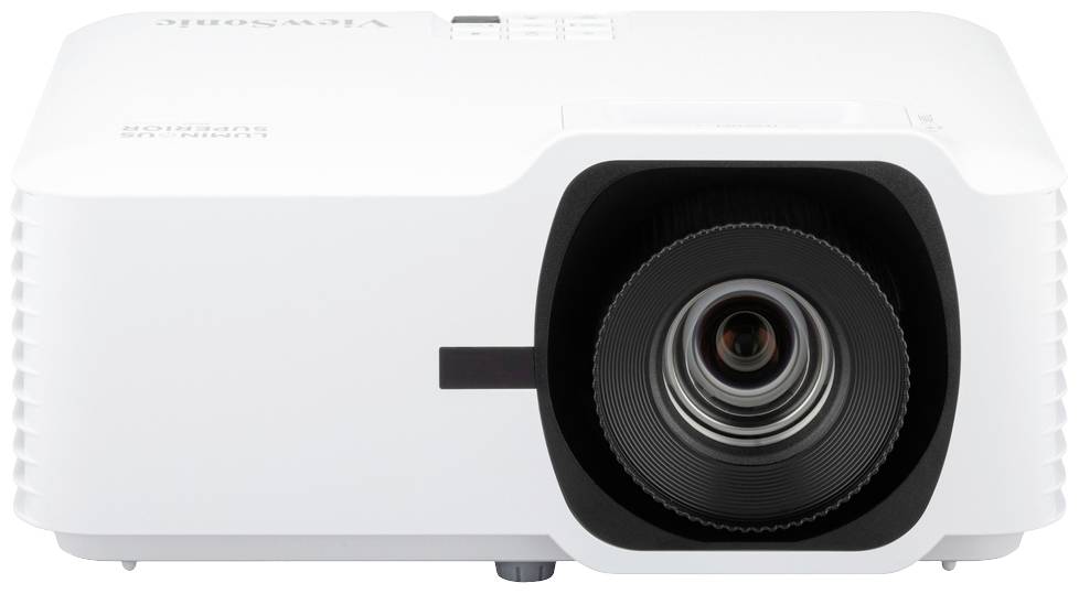 White projector with large lens on the right side, front view. Brand name visible in the top left.