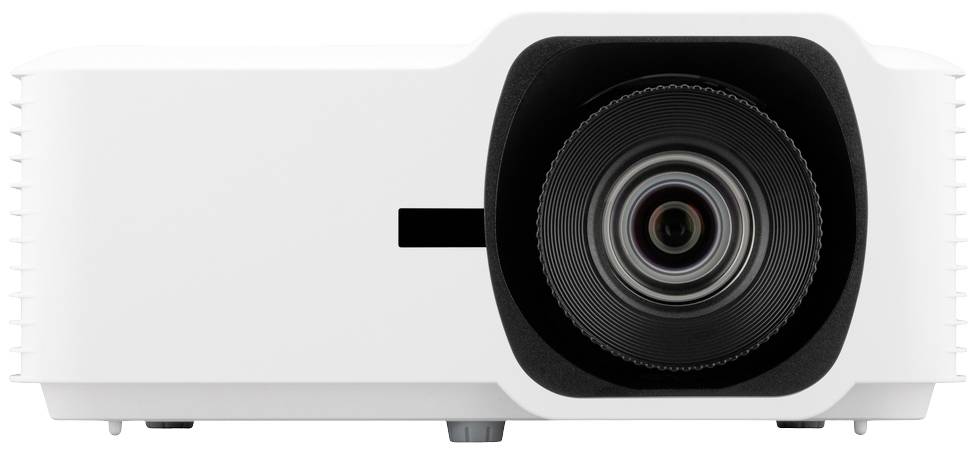 A white projector with a large lens in the centre, suitable for presentations or home cinema.