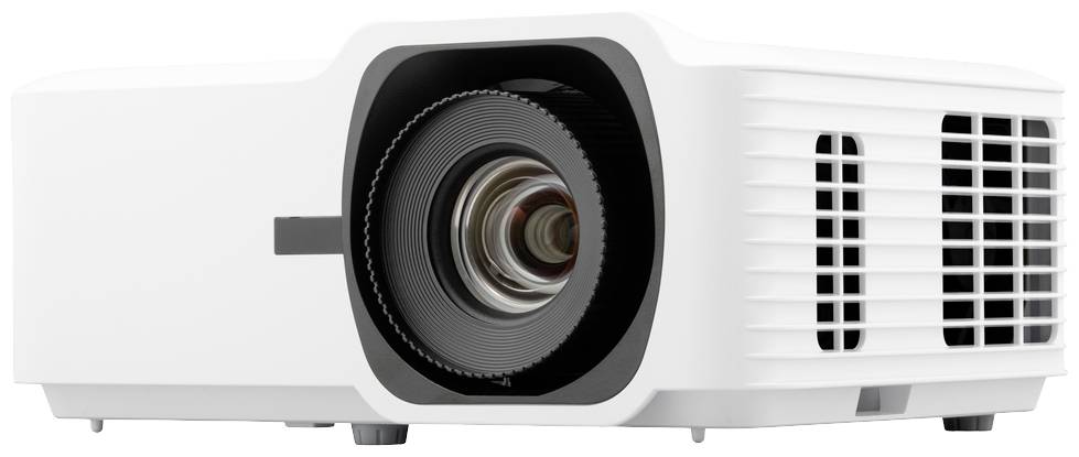 White projector unit with a large lens on the left side and ventilation slots on the right, in a side perspective.