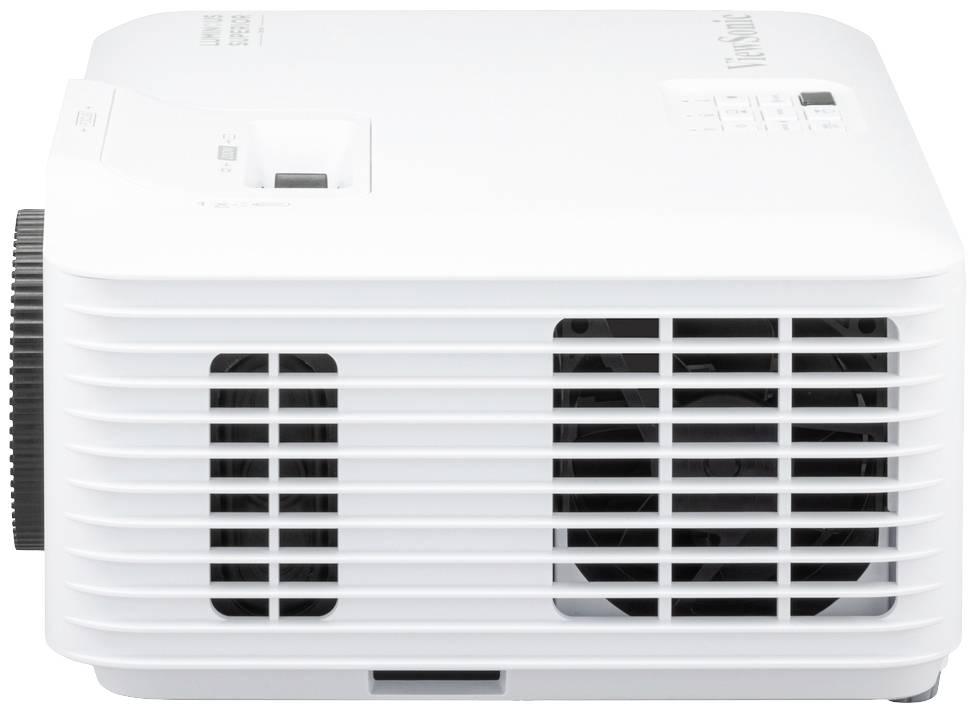 A white projector with ventilation grilles on the side; suitable for use in presentations or home cinema.