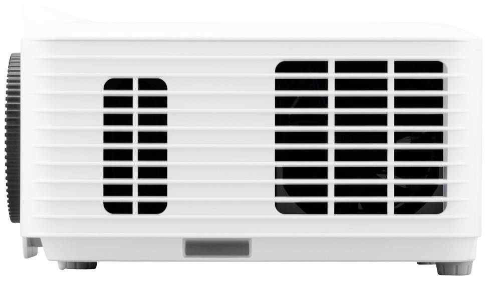 White projector from the side with ventilation openings on the right and focus wheel on the left.