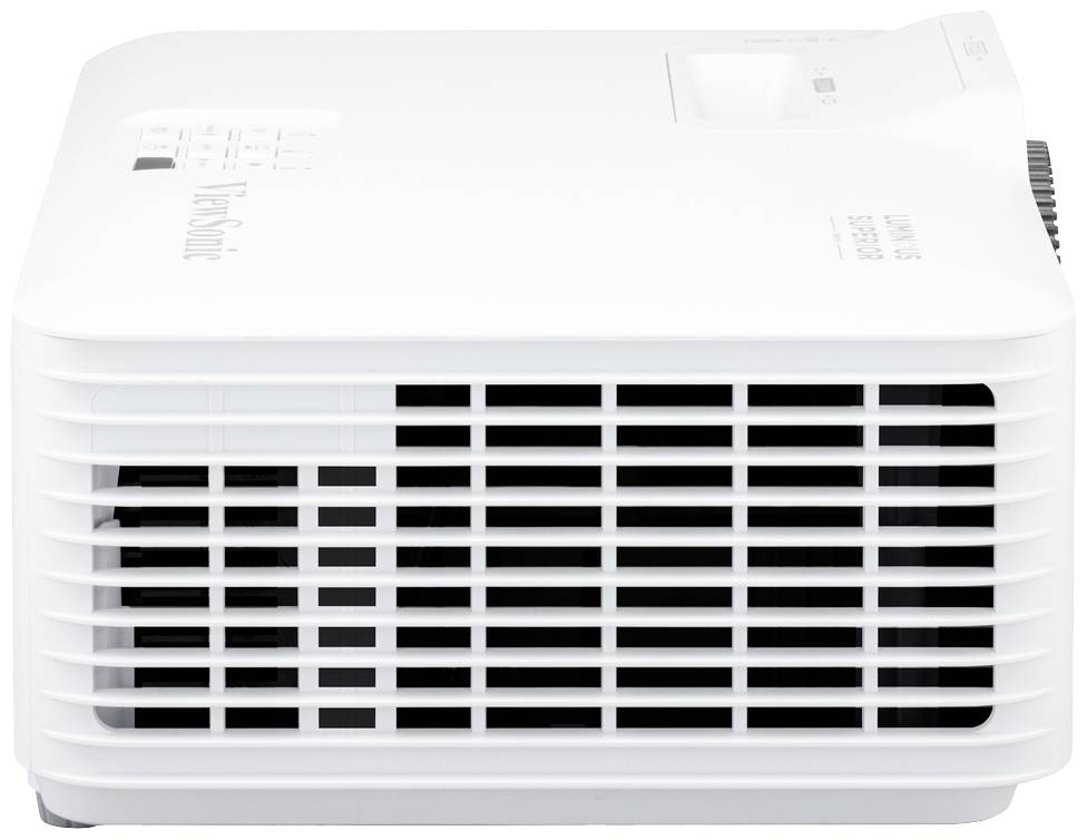 A white projector viewed from the side, with ventilation slots.
