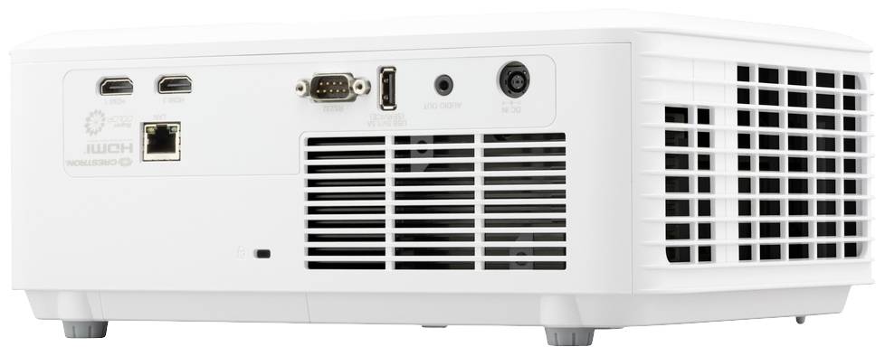 A white projector with multiple connections, including HDMI and USB ports, on the back. Ventilation slots are visible.