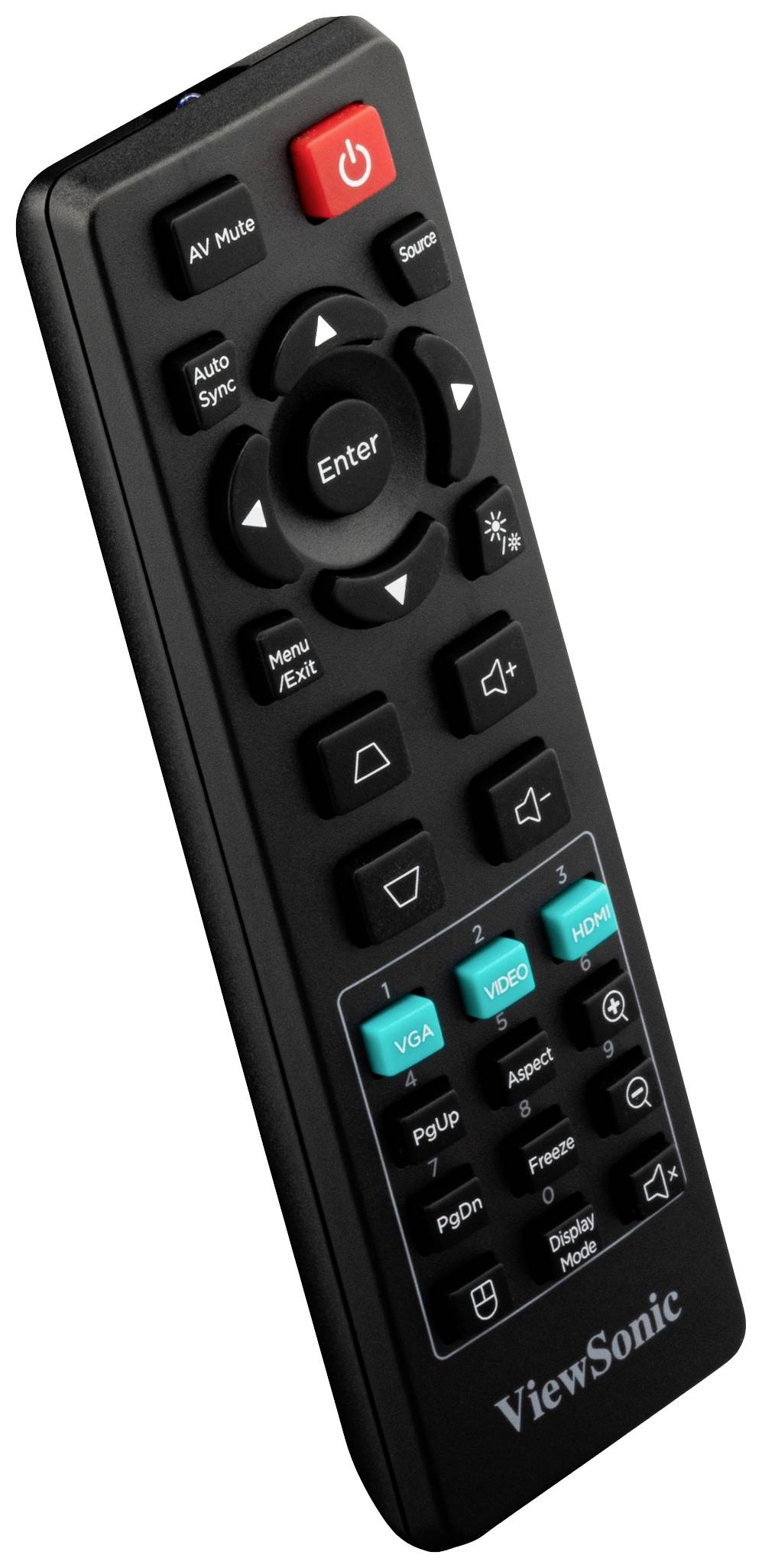 'Remote control with black buttons, red power button located top right, and turquoise buttons at the bottom. Marked with "ViewSonic".'