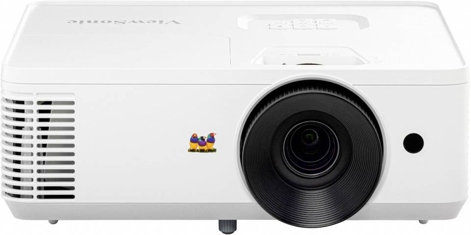 A white projector with a large lens on the right side, ventilation slots on the left, and a small, colourful logo in the centre.