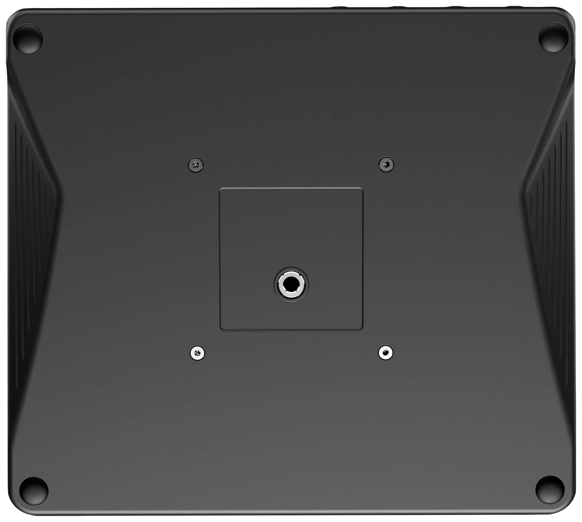 'Underside of an electronic device with four screw holes and a central mounting aperture.'