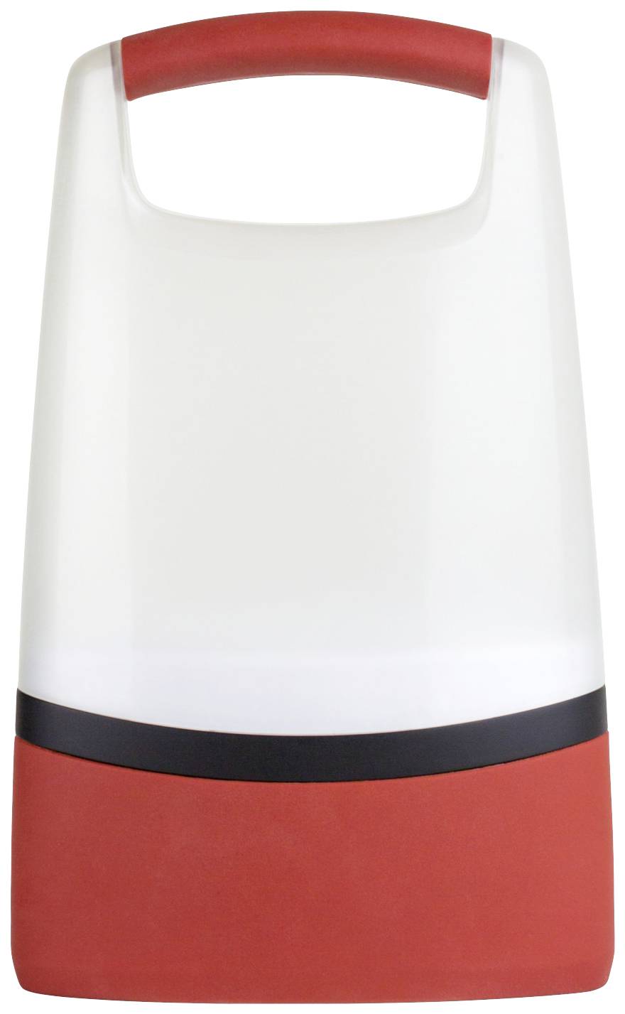 Portable LED lamp with a red handle and base, suitable for camping or outdoor activities. Battery-operated and easily transportable.