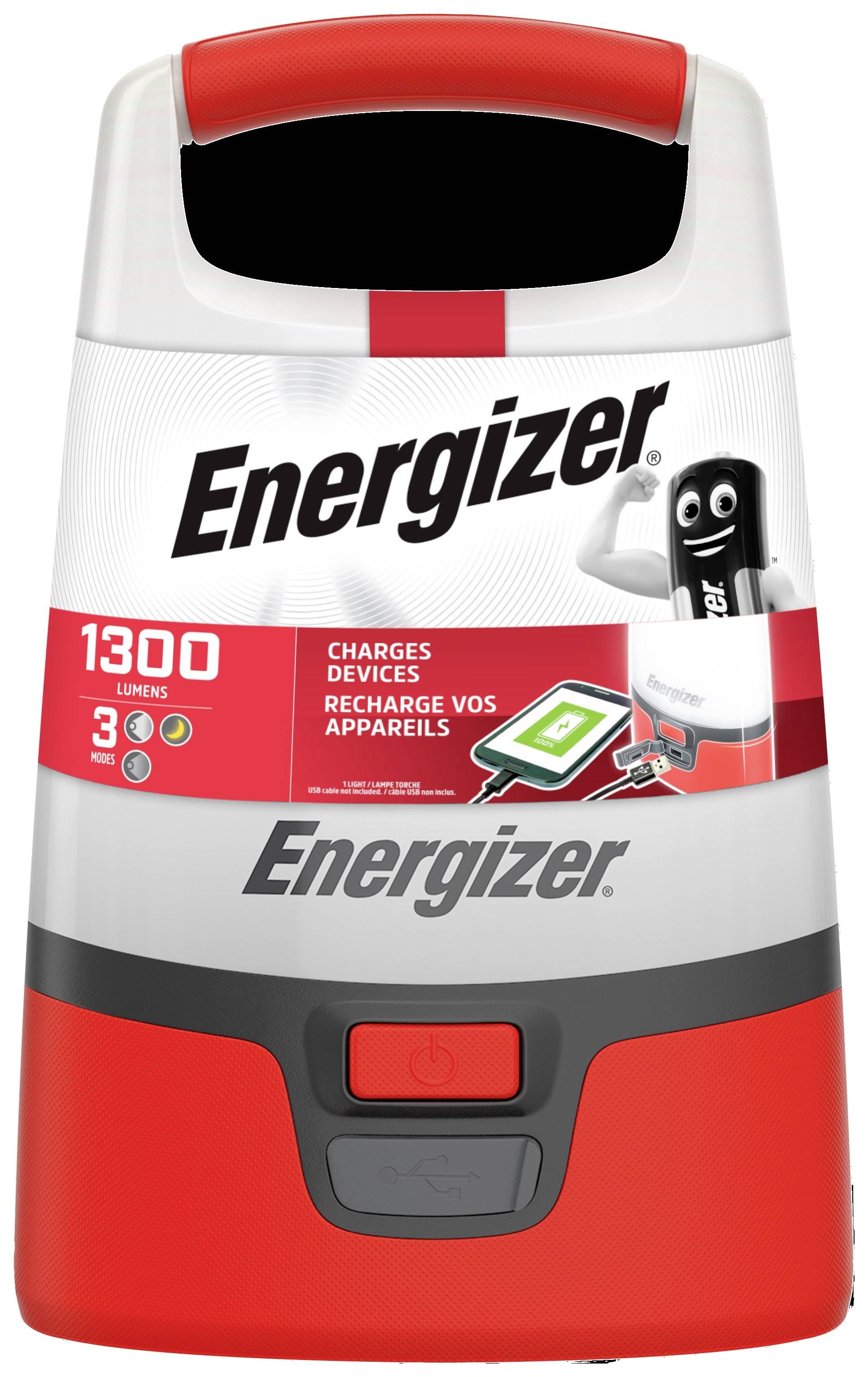 Portable Energizer Lantern with 1300 lumens. Charger ports suitable for charging devices. Design in red and grey.