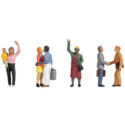 Four figures: A woman with a child, a couple embracing, one person waving with a cap, two men shaking hands.