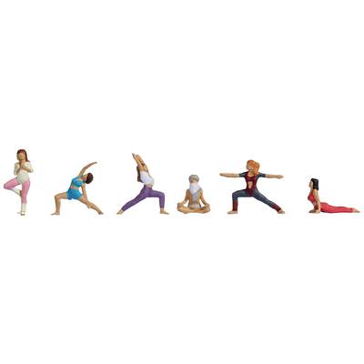 A series of figures demonstrates six different yoga poses, each in a unique posture representing flexibility and balance.