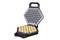 An open waffle iron with a hexagonal shape, baking round, golden-brown waffles.