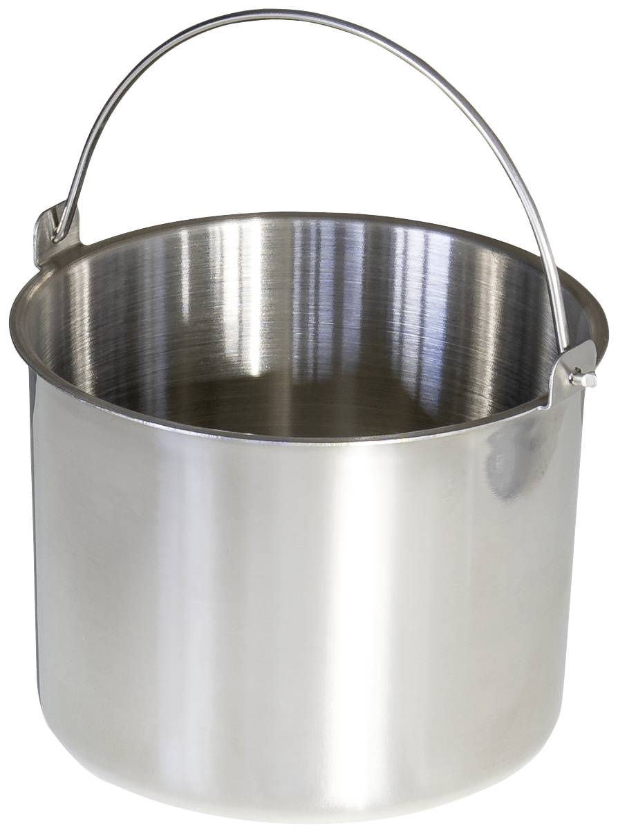 A metal bucket with a handle stands upright, empty.