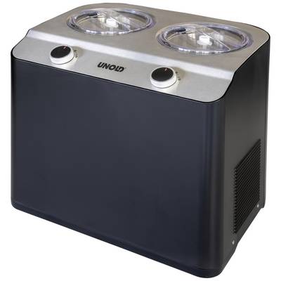 Ice cream maker with two transparent lids and adjustment dials. Silver top, black casing, brand 'Unold'.