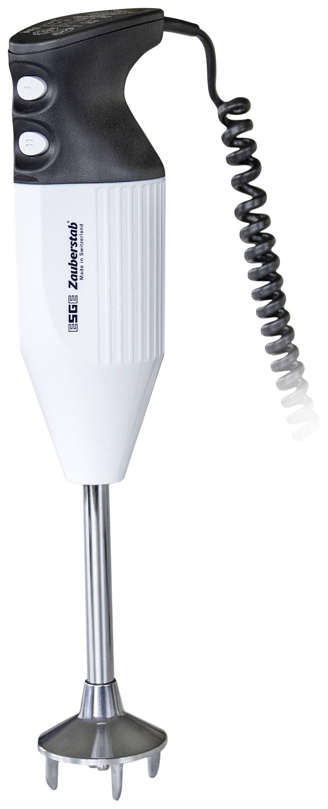 A white hand blender with a black handle and spiral cord. It has two control buttons and a stainless steel blending shaft.