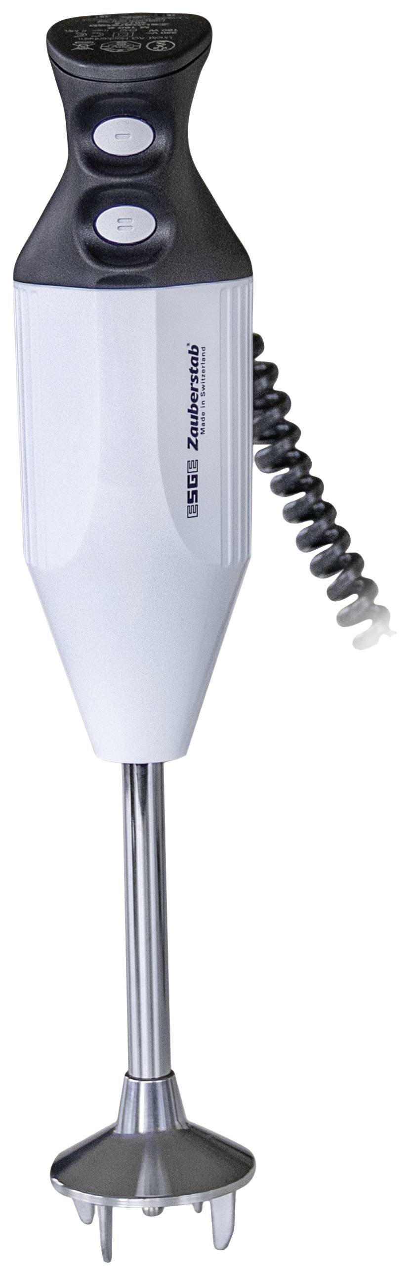 A hand blender with an ergonomic black handle and white body, suitable for mixing ingredients in the kitchen.