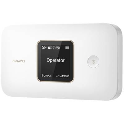Mobile 4G router by Huawei with a small screen, displays connection status and data usage. Includes power on/off button.