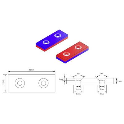 Diagram of a 40 mm by 15 mm rectangular plate with two countersunk holes, shown in isometric view and side dimensions, including 2 mm depth and 90° countersinks.