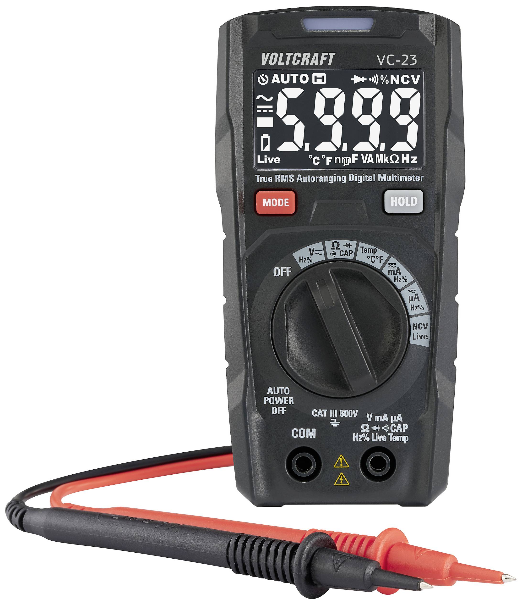 VOLTCRAFT VC-23 Handheld multimeter Calibrated to (ISO standards) Digital CAT III 600 V Display (counts): 6000