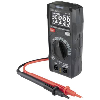 Digital multimeter with display and rotary dial for measuring electrical values such as voltage, current, and resistance. Includes test leads.