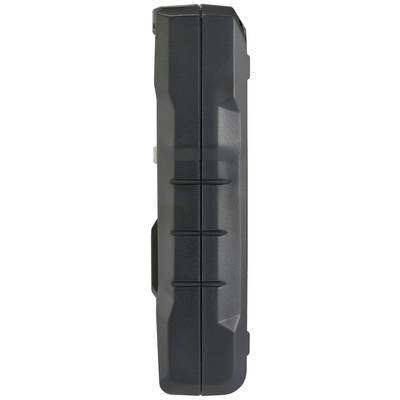 Black, robust casing of an unknown device, viewed from the side.