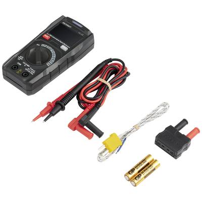 Multimeter with display and rotary switch, red and black test leads, thermocouple, battery adapter and two AA batteries.