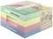 A colourful box of sticky notes in pastel colours, made from 100% recycled paper, with solvent-free adhesive.