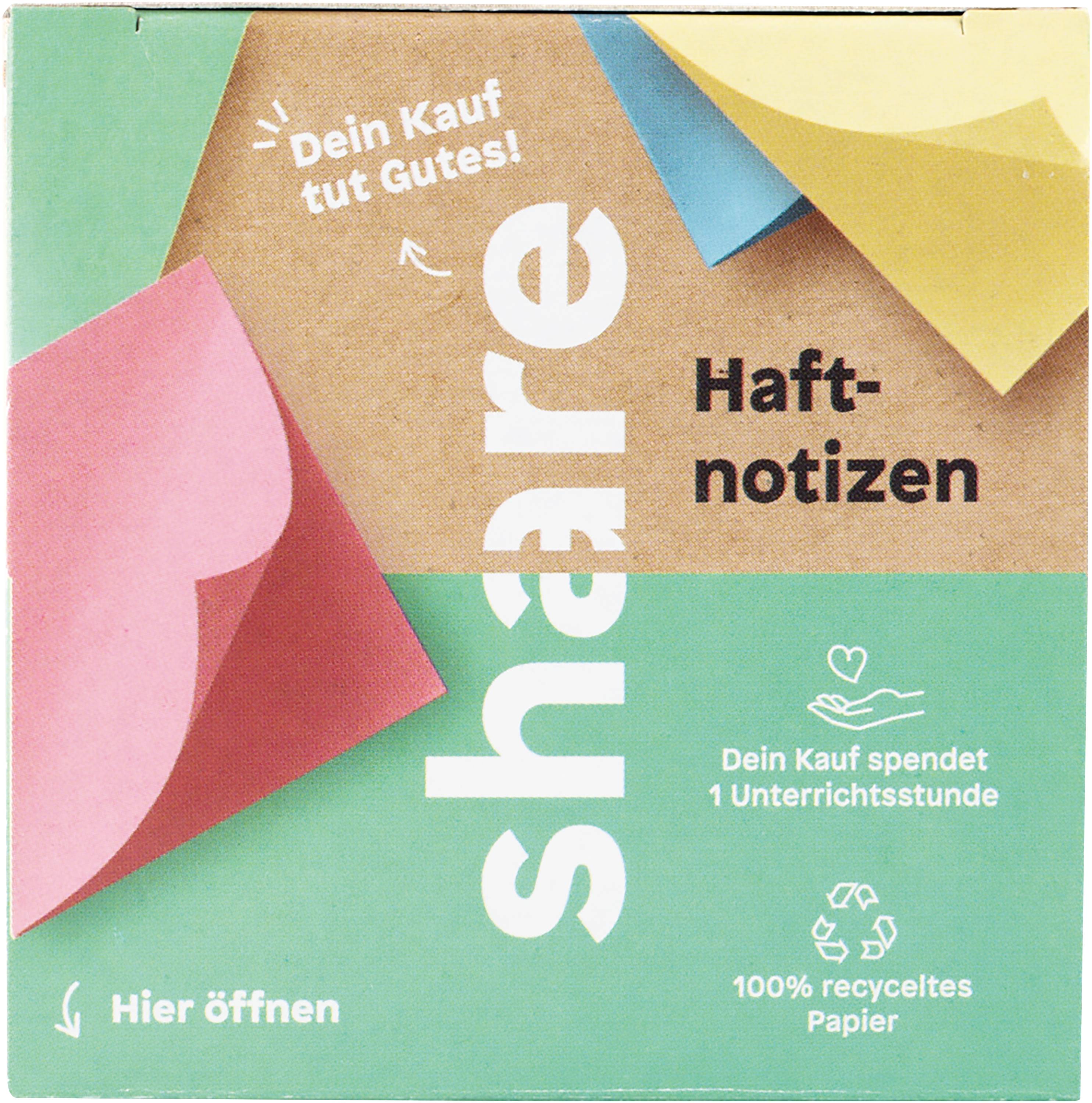 Packaging for sticky notes with the text 'Your Purchase Does Good!' and '100% Recycled Paper'. The purchase donates teaching hours.