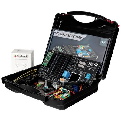 An open suitcase displays a Raspberry Pi Pico Explorer Kit with cables, circuit boards, and components. Beside it is a package labelled 'Raspberry Pi'.