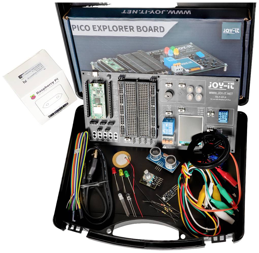 Electronic kit with circuit board, sensors, cables, and instructions. Includes Pico Explorer Board for Raspberry Pi projects.