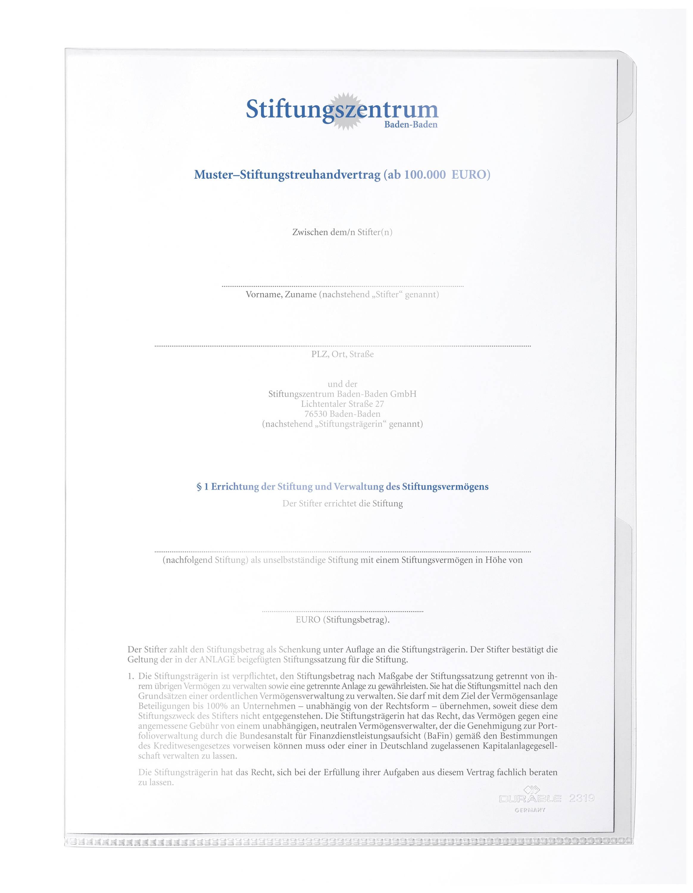 Document titled 'Model Foundation Trust Agreement' from the Foundation Centre. Contains contractual details for a foundation starting from 100,000 euros.