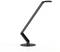 Black, modern desk lamp with adjustable arm and round base, in a minimalist design.