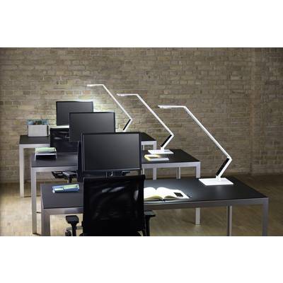 A modern office with four desks arranged in a row. Each desk has a monitor, a desk lamp, and an open book.