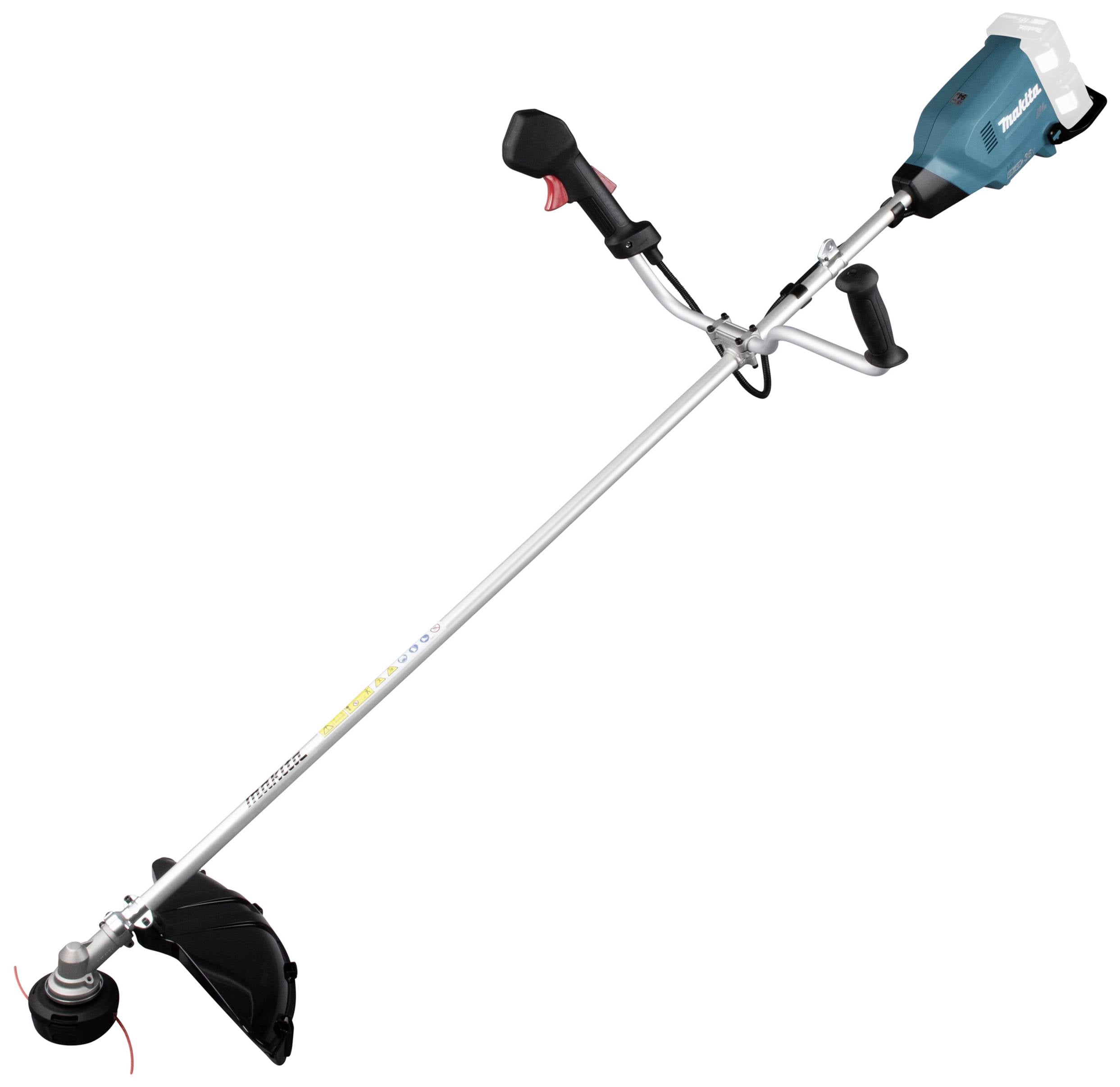 A blue motorised strimmer with a long handle and two black grips, suitable for trimming grass and weeds in gardens and landscapes.